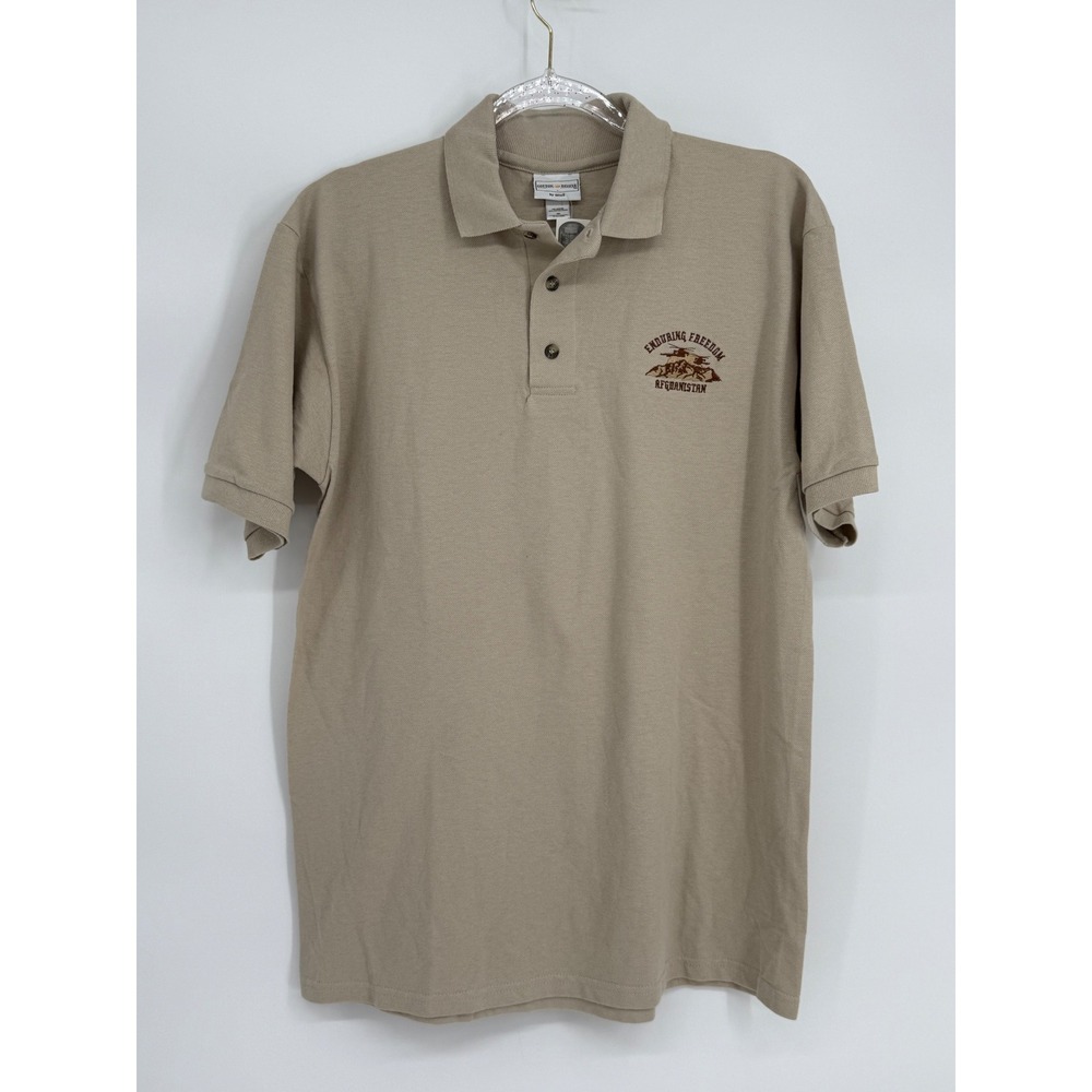 Anvil Cotton Deluxe Enduring Freedom Afghanistan Polo Shirt Tan Mens Sz M